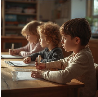 Enfants concentrés sur leurs activités scolaires en classe, vus de profil
