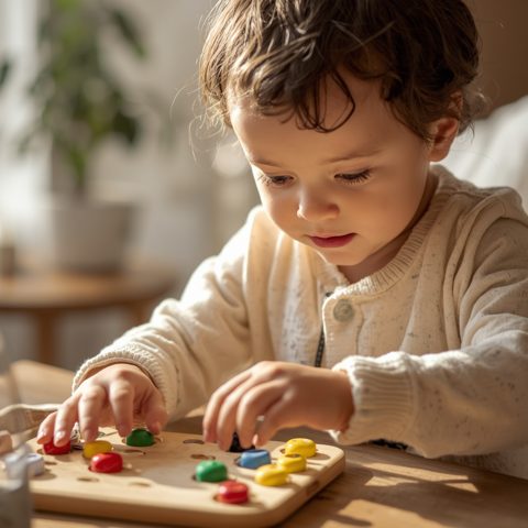 Jeune enfant en pleine exploration sensorielle et motrice avec un plateau en bois