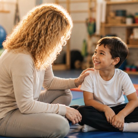 Ergothérapeute échangeant avec un enfant souriant, assis sur un tapis de la salle de soin