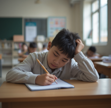 Enfant fatigué et découragé pendant un exercice d'écriture en classe