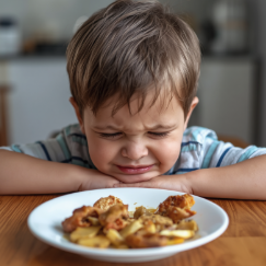 Enfant qui fait la grimace devant son assiette, difficultés à table